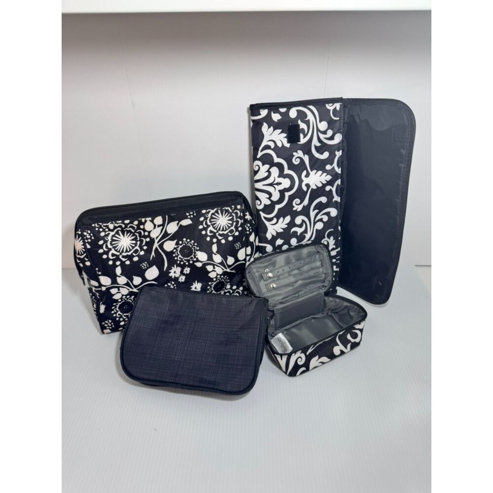 EUC Thirty-One Black White Damask Travel Cosmetic, Jewelry, & Hot Tool Bags